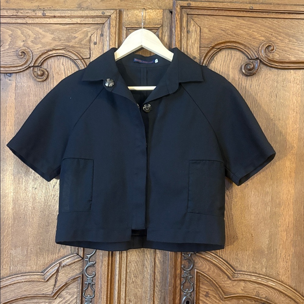Harvey Faircloth Black Cropped Jacket Sheer Panel Short Sleeve Chic Modern